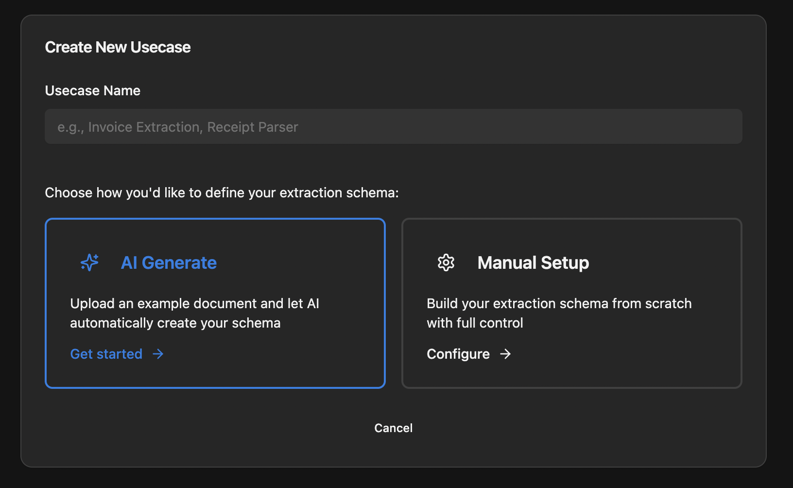 Chonker Playground — Create new use case screen with AI generate vs manual setup